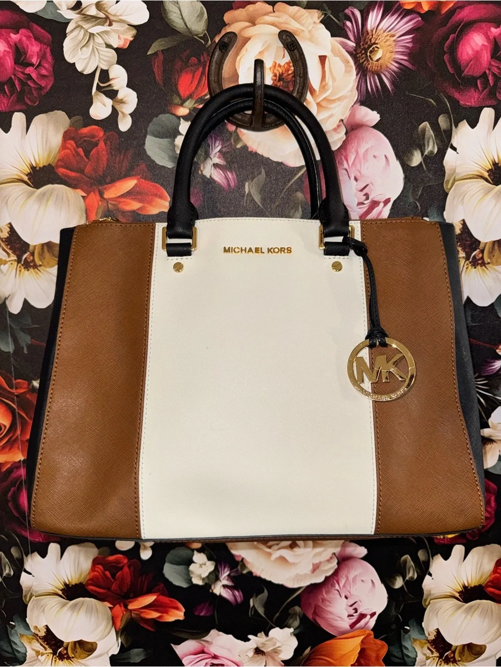 Michael Kors Brown, White & Black Saffiano Colorblock Satchel